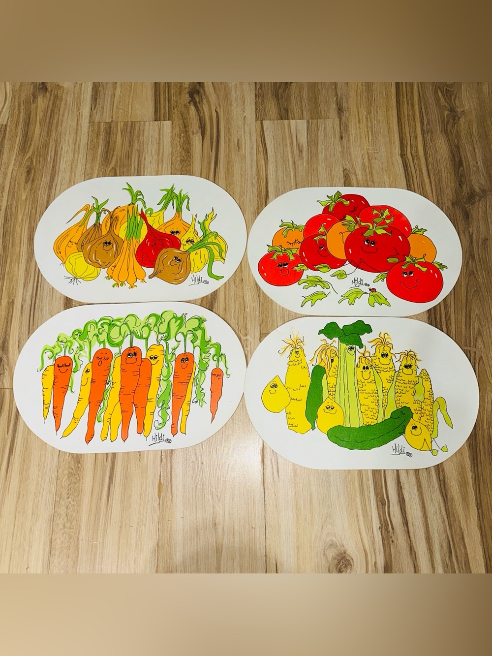 Vintage Hildi Anchor Hocking Retro Anthropomorphic Happy Veggies Placemat Set